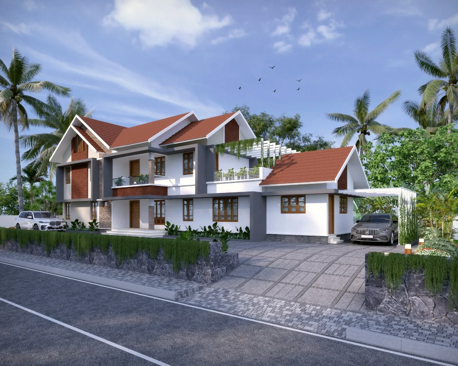 GK Constructions Modern Kerala Tiled Villa & Courtyard Architectural Presentation